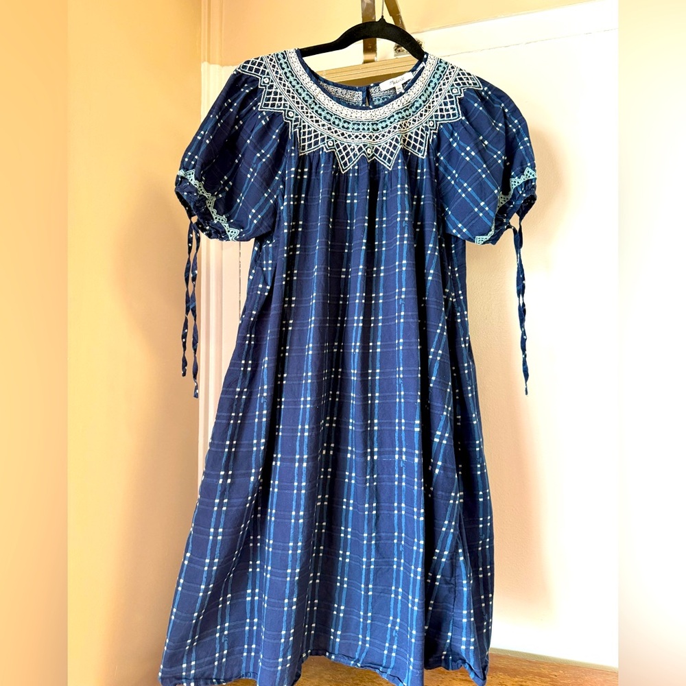 Madewell Embroidered Plaid Peasant Dress XXS Navy Blue Cotton Boho